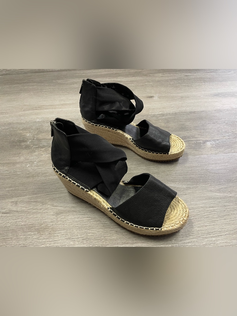 Eileen Fisher Women’s Black Wiley Leather Espadrille Wedge Sandals Size 8